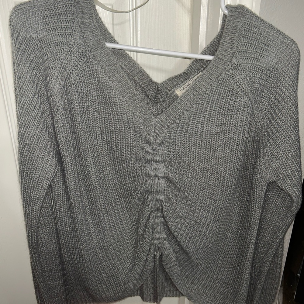Gray V-Neck Sweater with Ribbed Texture